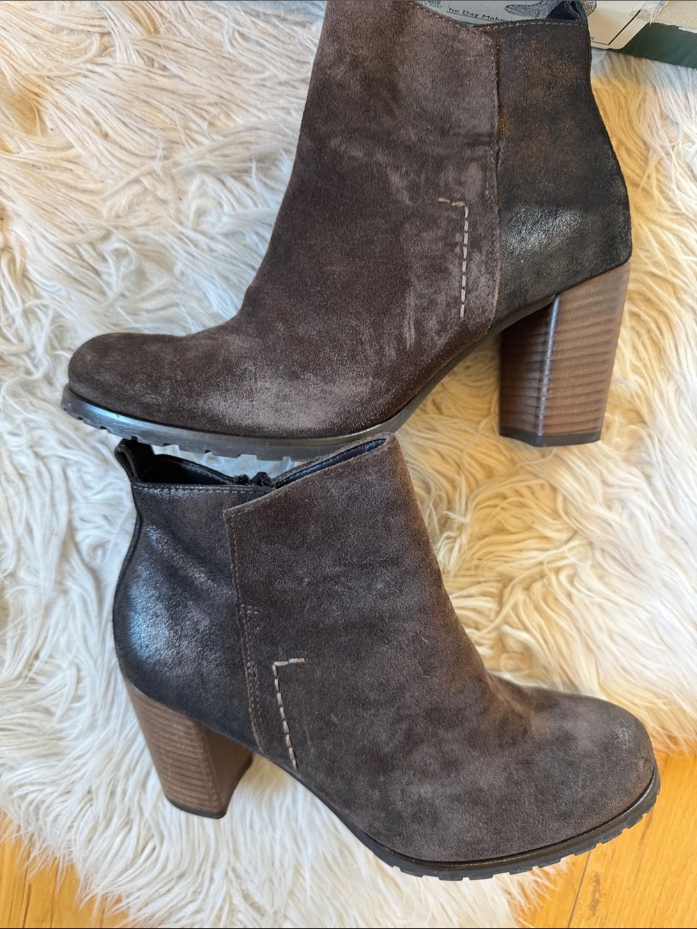Paul Green Dark Brown Suede/Metallic Nubuck Ankle Booties with Stacked Heel